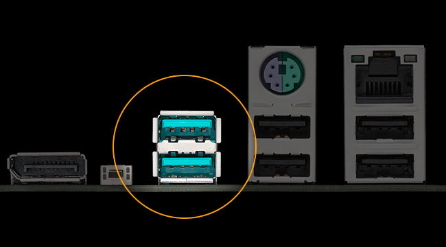 Rear I/O panel of TUF GAMING A620AM-PLUS WIFI motherboard with a magnified inset highlighting a USB 10Gbps Type-A port among other ports, showing support for high-speed connections.