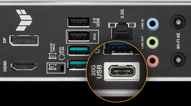 Rear I/O panel of TUF GAMING B850I WIFI NEO motherboard with a magnified inset highlighting a USB 20Gbps Type-C port among other ports, showing support for high-speed connections.