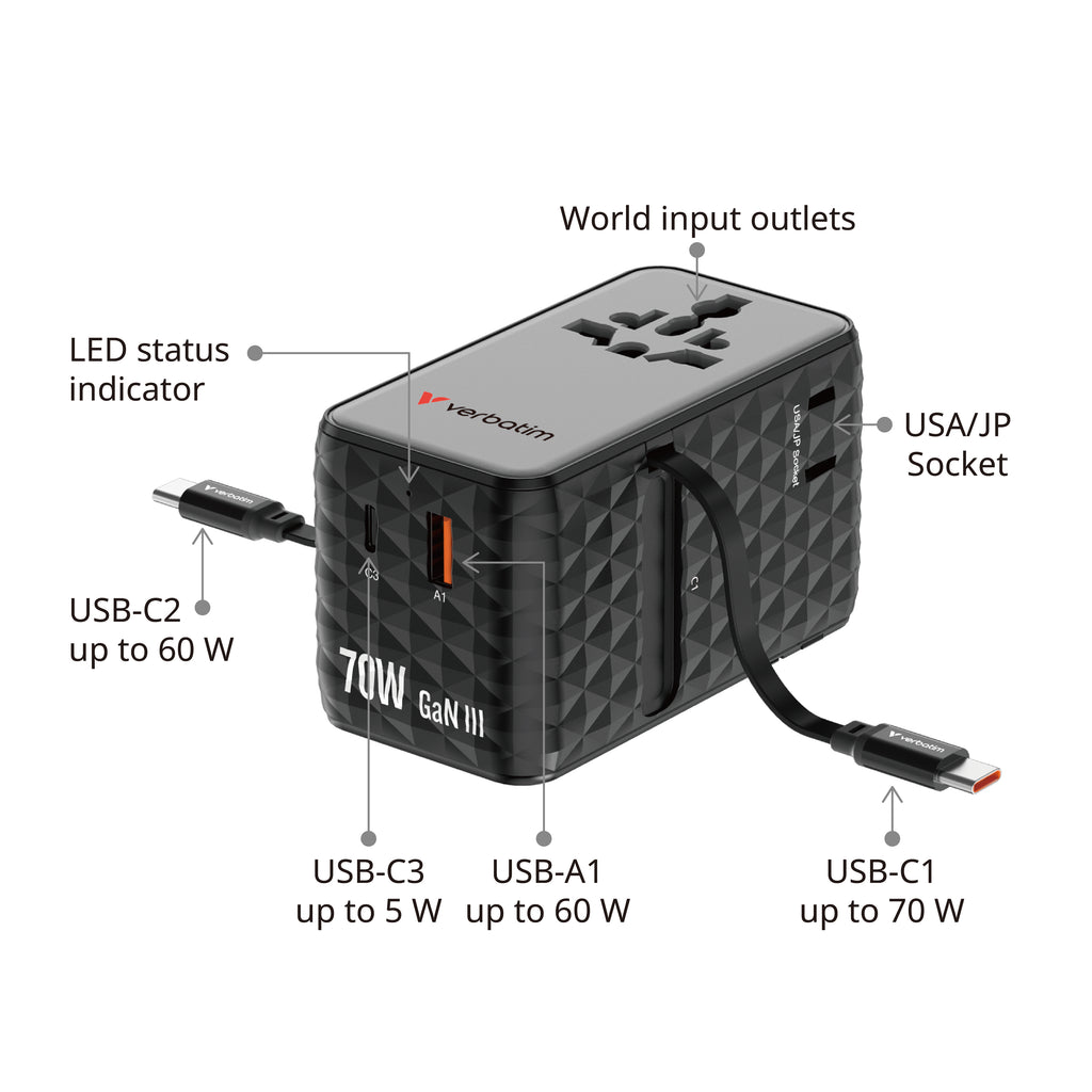 Verbatim Charge n Travel 70W 2C Retractable Travel Adapter - Tech Syndicate