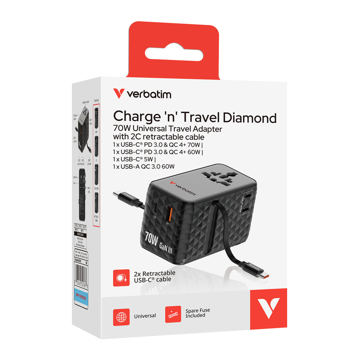 Verbatim Charge n Travel 70W 2C Retractable Travel Adapter - Tech Syndicate