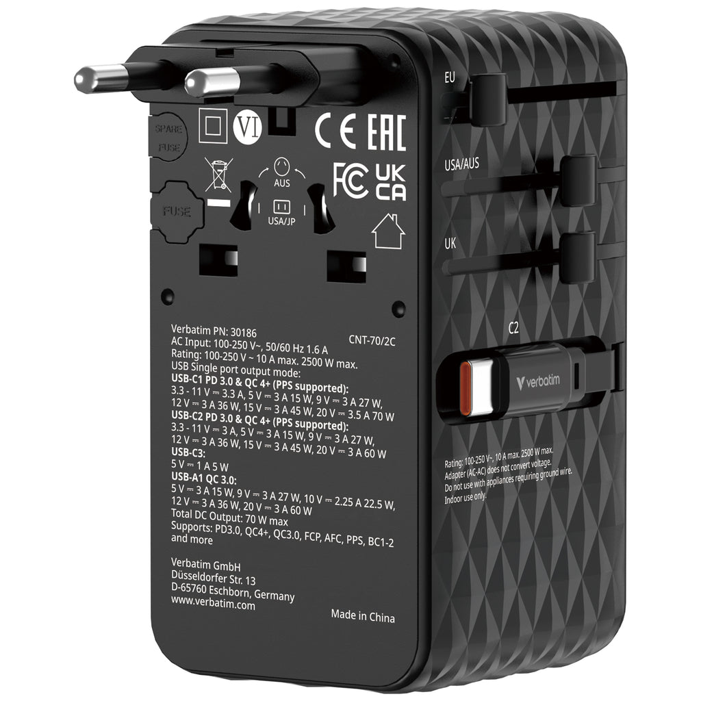 Verbatim Charge n Travel 70W 2C Retractable Travel Adapter - Tech Syndicate