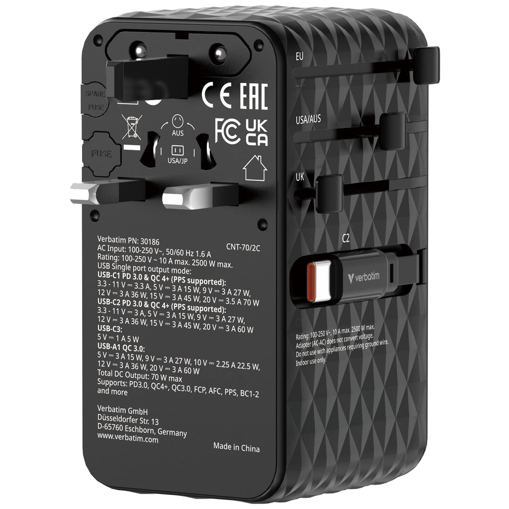 Verbatim Charge n Travel 70W 2C Retractable Travel Adapter - Tech Syndicate