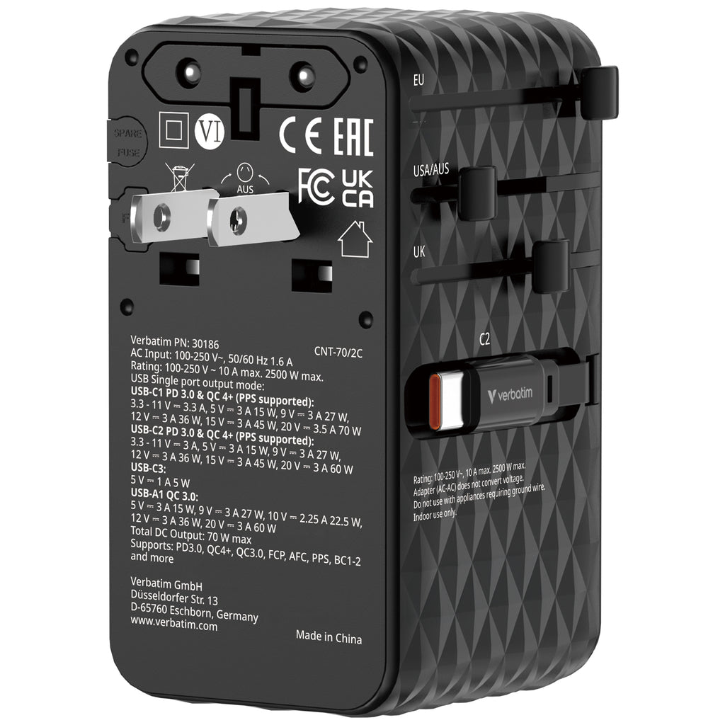 Verbatim Charge n Travel 70W 2C Retractable Travel Adapter - Tech Syndicate