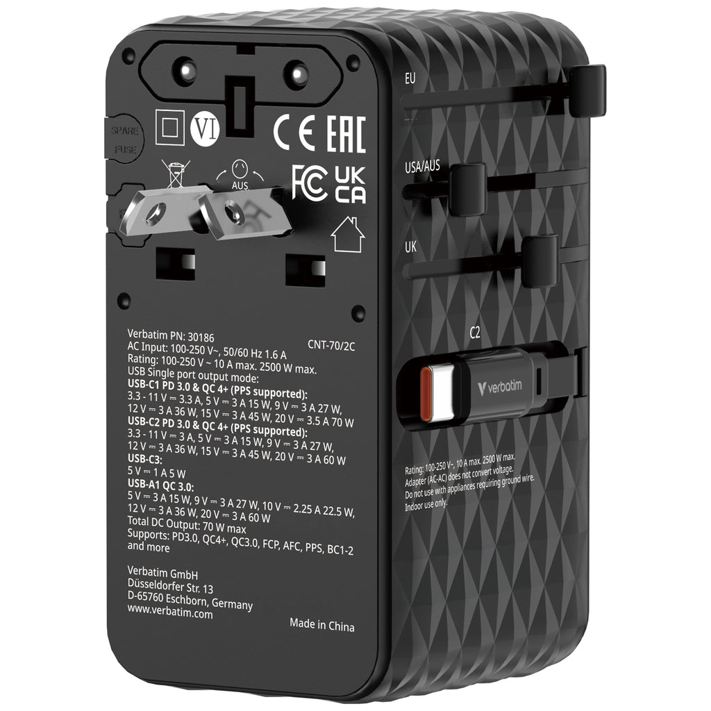 Verbatim Charge n Travel 70W 2C Retractable Travel Adapter - Tech Syndicate