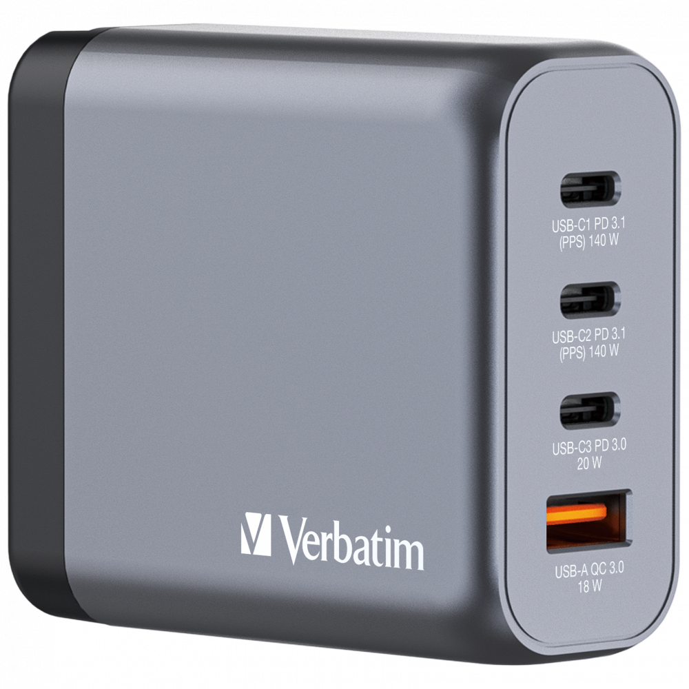 Verbatim GNC-140 140W 4-Port GaN Wall Charger EU/UK/US - Tech Syndicate