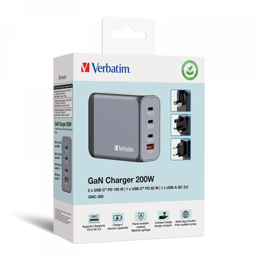 Verbatim GNC-200 200W GaN Wall Charger 4-Port EU/UK/US - Tech Syndicate