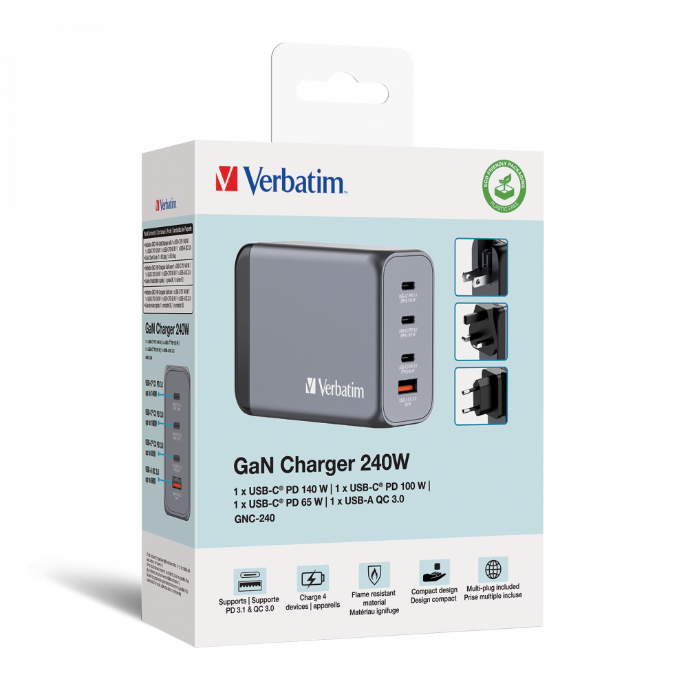Verbatim GNC-240 240W 4-Port GaN Wall Charger - Tech Syndicate