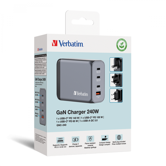 Verbatim GNC-240 240W 4-Port GaN Wall Charger - Tech Syndicate