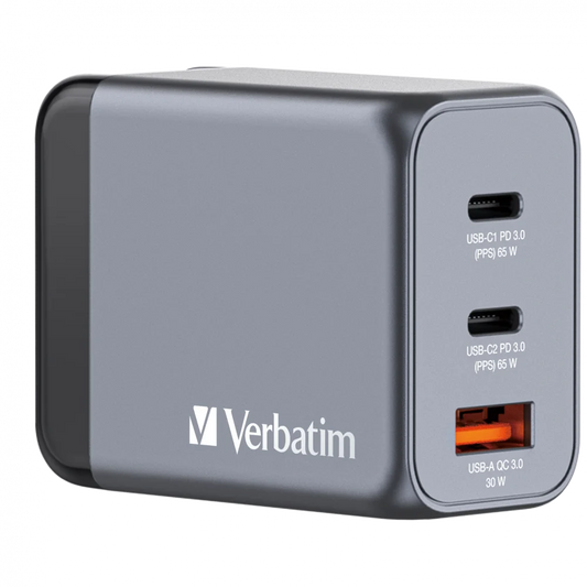 Verbatim GNC-65 65W GaN Wall Charger - 2x USB-C PD, USB-A QC3 - Tech Syndicate