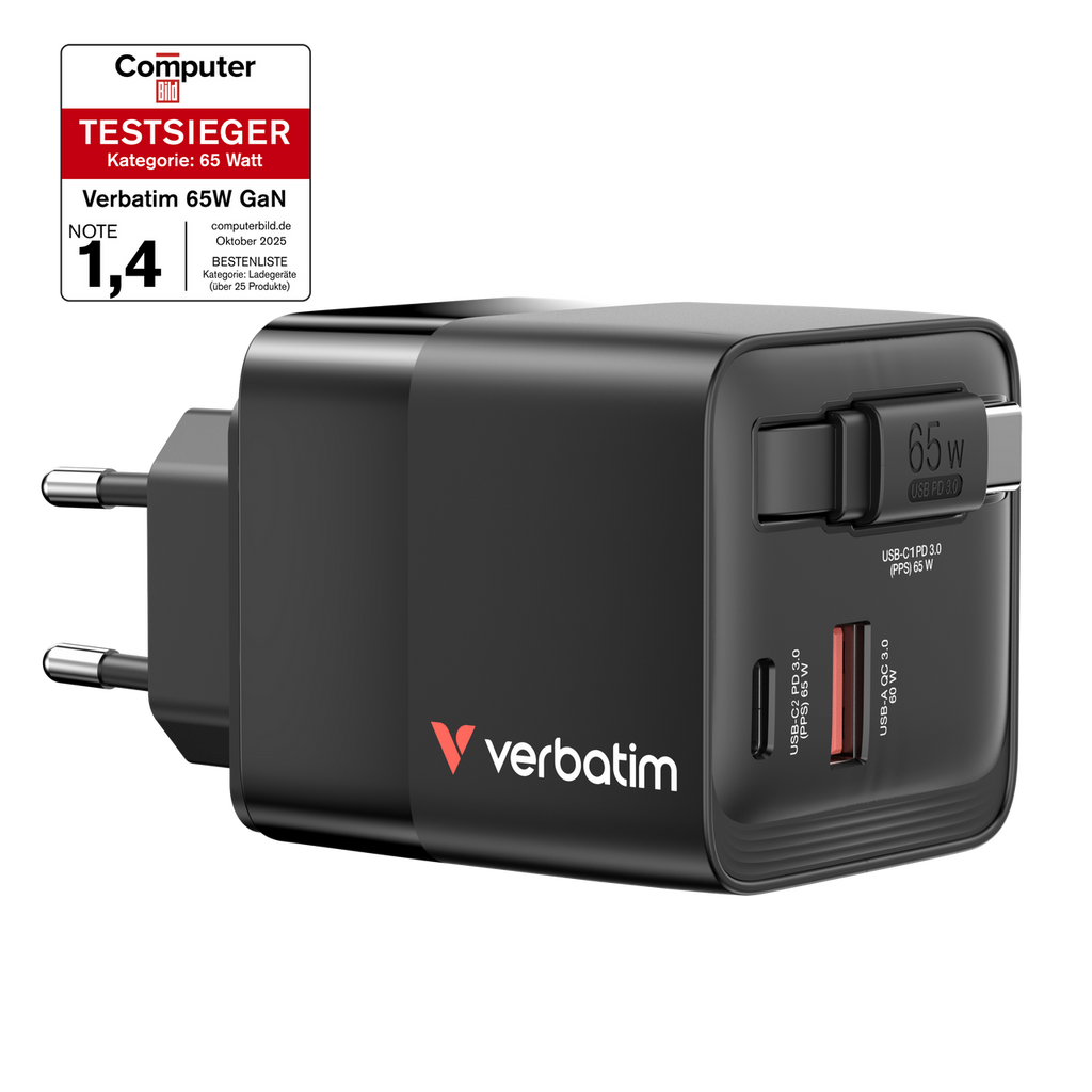 Verbatim GaN Wall Charger 65W 2-Port Retractable Cable - Tech Syndicate