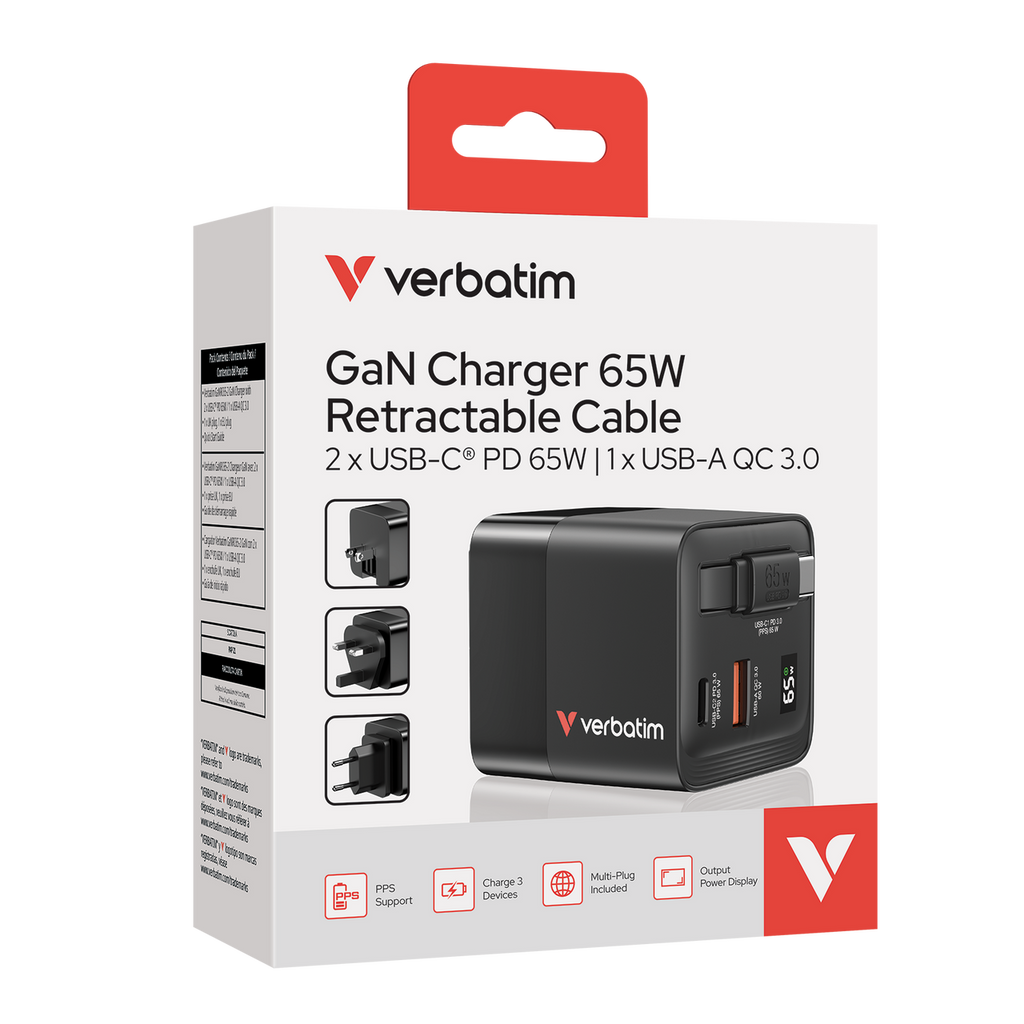 Verbatim GaN Wall Charger 65W 2-Port Retractable Cable - Tech Syndicate