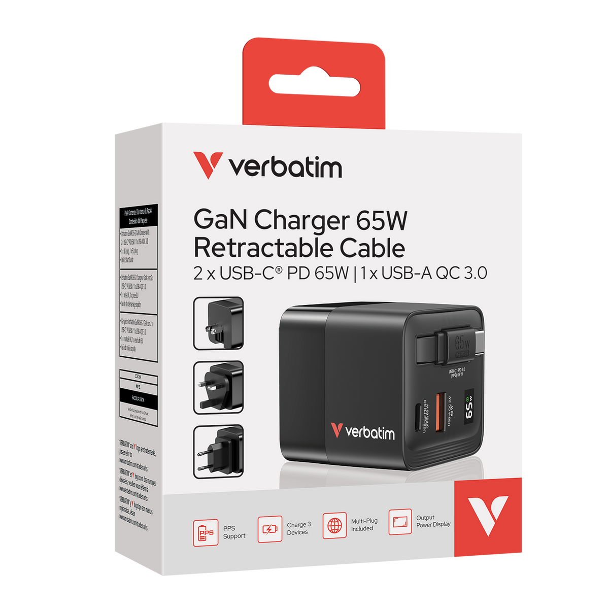 Verbatim GaN Wall Charger 65W 2-Port Retractable Cable - Tech Syndicate
