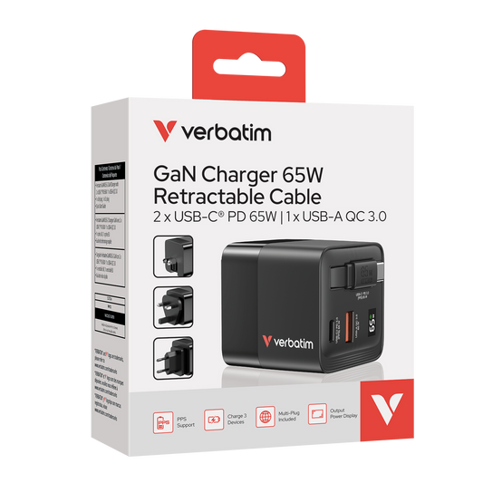 Verbatim GaN Wall Charger 65W 2-Port Retractable Cable - Tech Syndicate