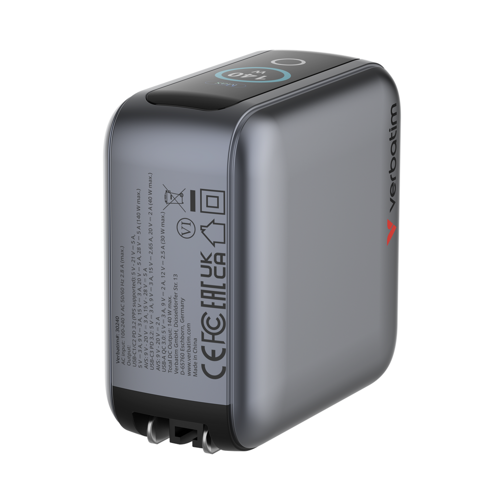 Verbatim Mini GaN Charger 140W Display 4-Port + USB-C Cable - Tech Syndicate