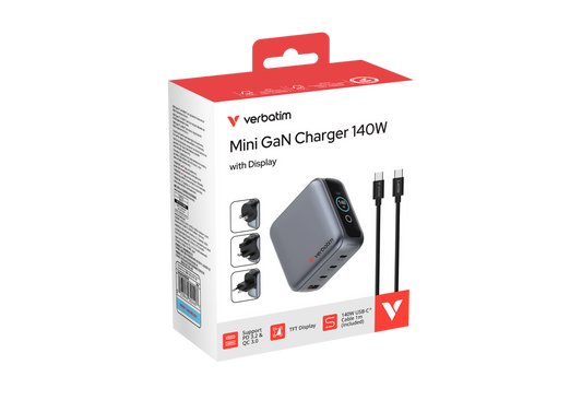Verbatim Mini GaN Charger 140W Display 4-Port + USB-C Cable - Tech Syndicate