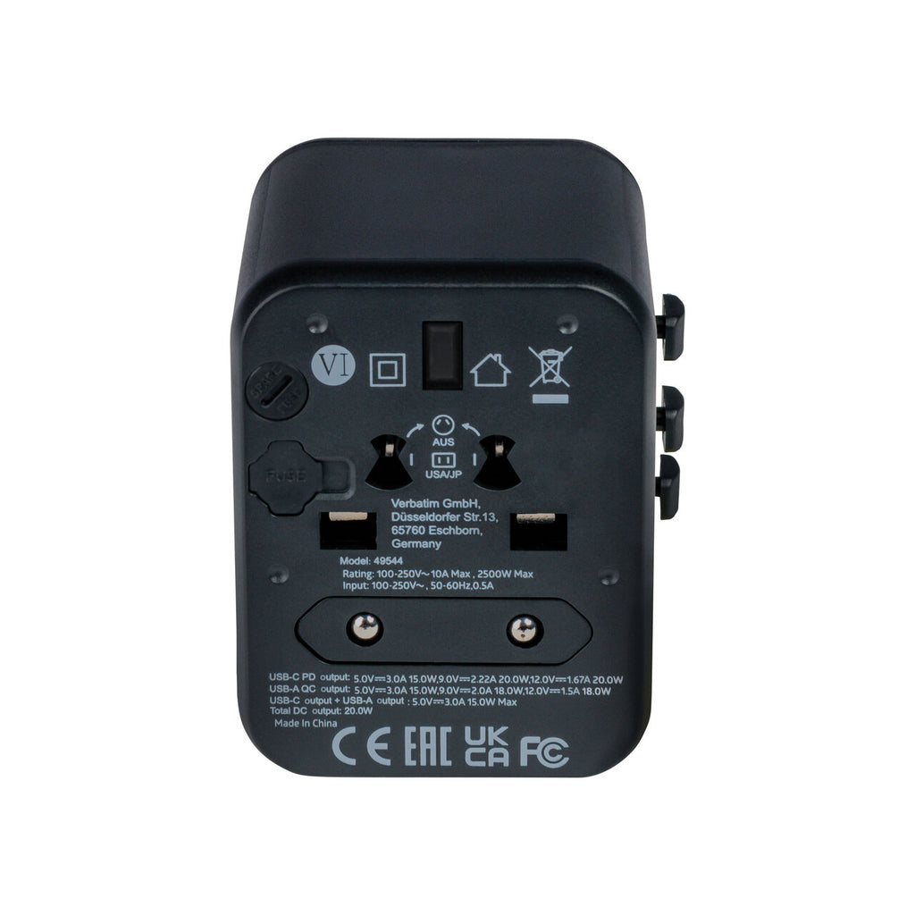 Verbatim UTA-02 Universal Travel Adapter USB-C PD 20W QC 3.0 - Tech Syndicate