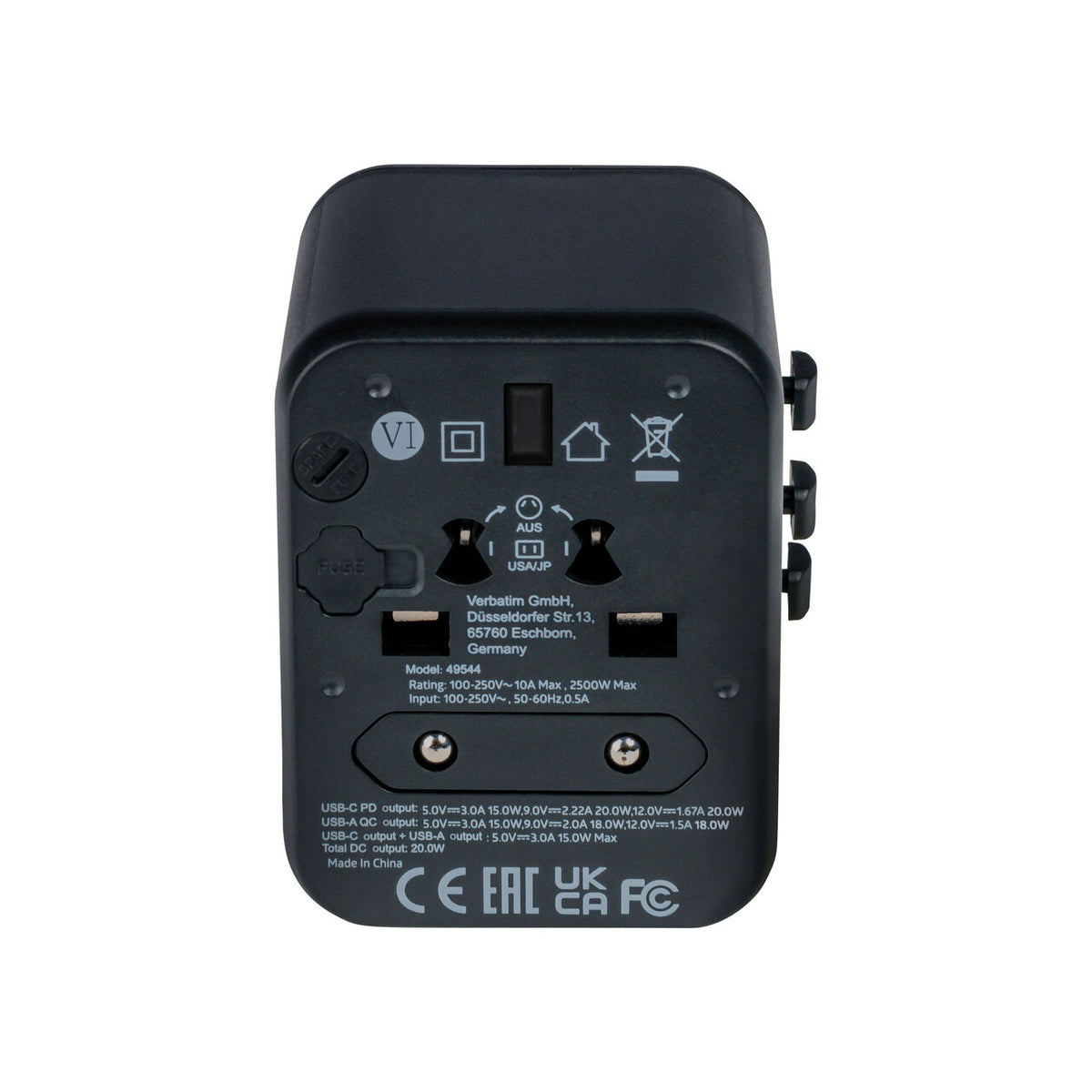 Verbatim UTA-02 Universal Travel Adapter USB-C PD 20W QC 3.0 - Tech Syndicate