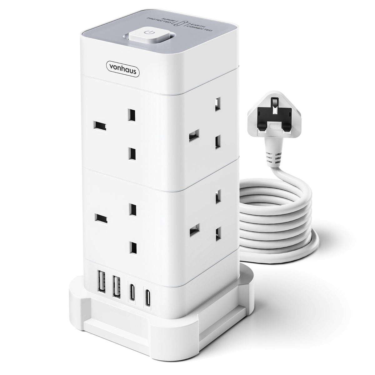VonHaus Tower Extension Lead 8-Socket USB Surge Protection 2M - Black or White - Tech Syndicate