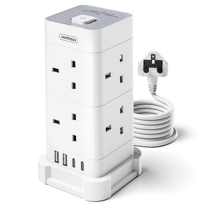 VonHaus Tower Extension Lead 8-Socket USB Surge Protection 2M - Black or White - Tech Syndicate