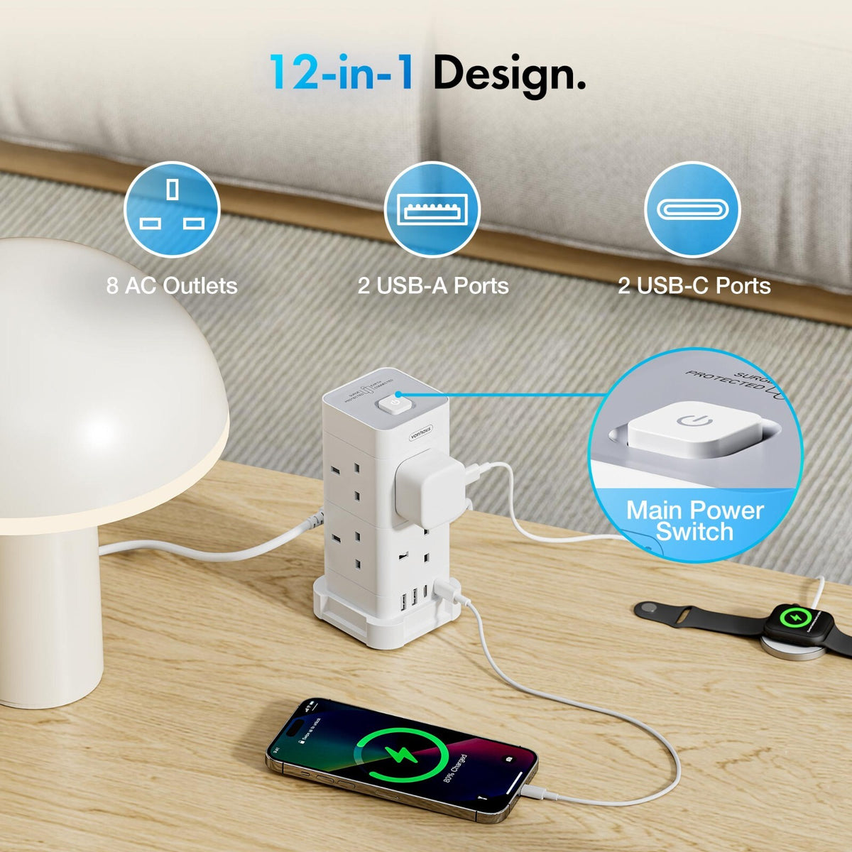 VonHaus Tower Extension Lead 8-Socket USB Surge Protection 2M - Black or White - Tech Syndicate