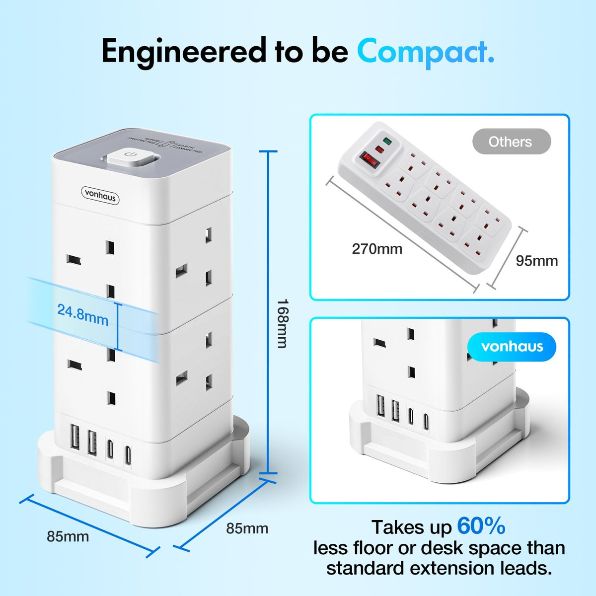 VonHaus Tower Extension Lead 8-Socket USB Surge Protection 2M - Black or White - Tech Syndicate