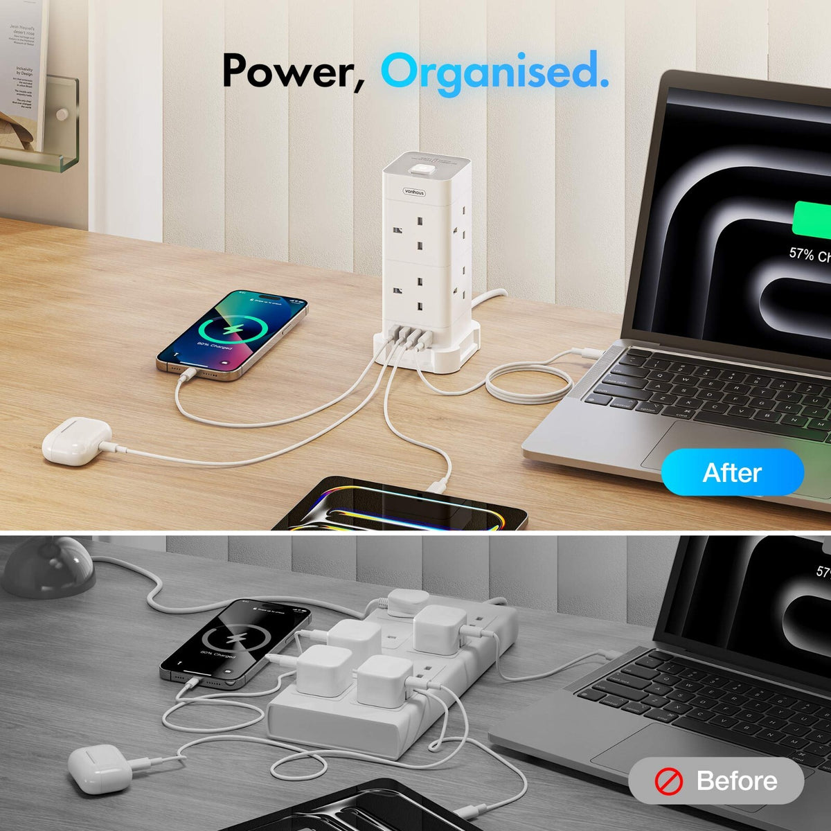 VonHaus Tower Extension Lead 8-Socket USB Surge Protection 2M - Black or White - Tech Syndicate