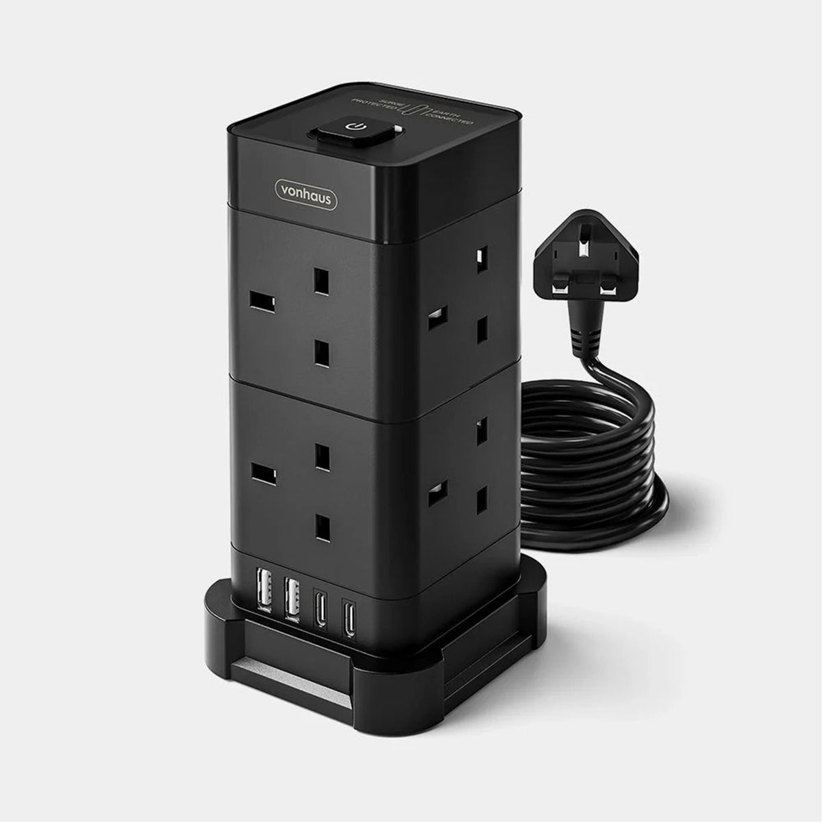 VonHaus Tower Extension Lead 8-Socket USB Surge Protection 2M - Black or White - Tech Syndicate