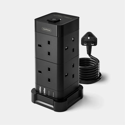 VonHaus Tower Extension Lead 8-Socket USB Surge Protection 2M - Black or White - Tech Syndicate