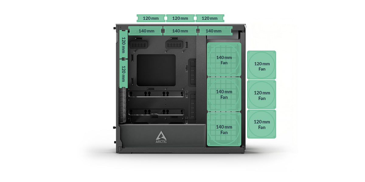 Xtender | Fan Capacity | Front: 3x 140 mm | 3x 120 mm | Rear: 2x 120 mm | Top: 3x 120 mm | 3x 140 mm | Radiator | Front: 1x 360 mm or 1x 420 mm | Radiator | Top: 1x 360 mm or 1x 420 mm | 
