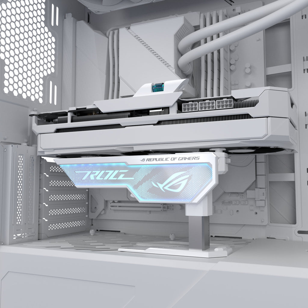 ASUS ROG Herculx holder supporting a graphics card in a PC case