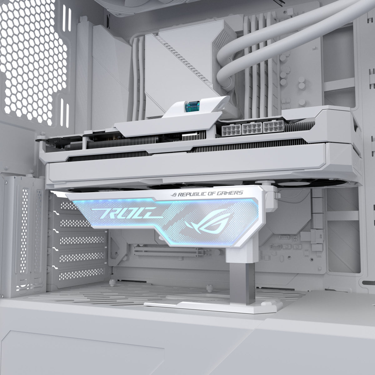 ASUS ROG Herculx holder supporting a graphics card in a PC case