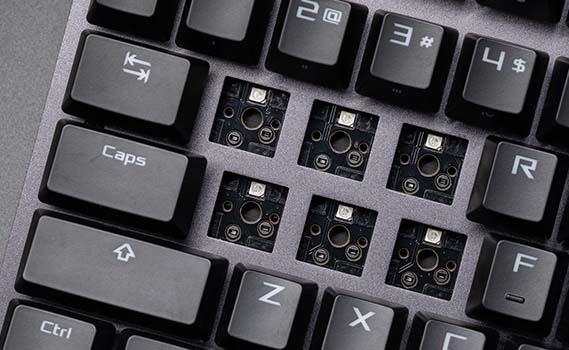 Close-up of the hot-swappable sockets to show the switch dampening pads in the four corners