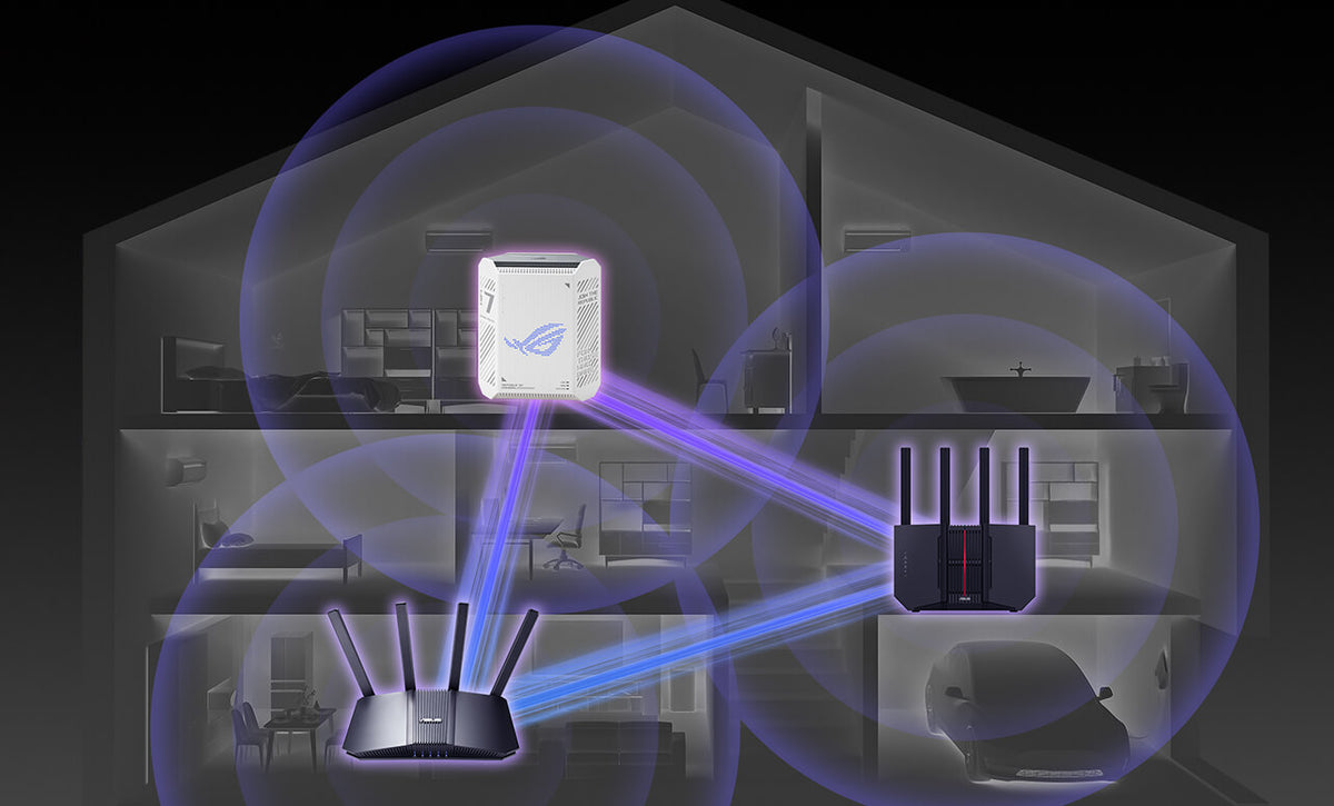 GS-BE7200 emits purple waves to RT-BE92U and RT-BE82U in a house.