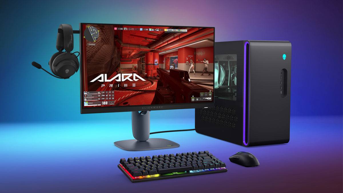 Alienware 25 320Hz Gaming Monitor with a desktop setup and headphones hanging on the retractable hanger.
