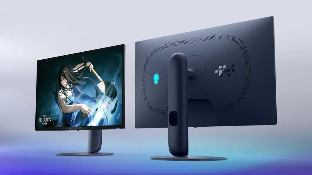 Two alienware monitors. One facing forward where we see the screen and one facing away where we can see the back of the monitor.