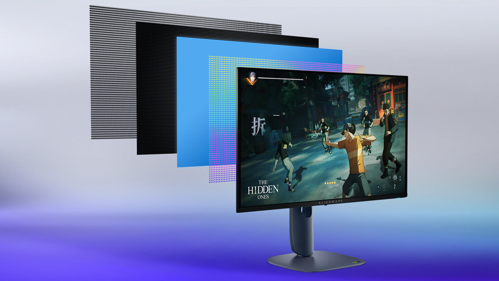 Alienware monitor image showing the display layers of the monitor. Gameplay screenfil is of The Hidden Ones.