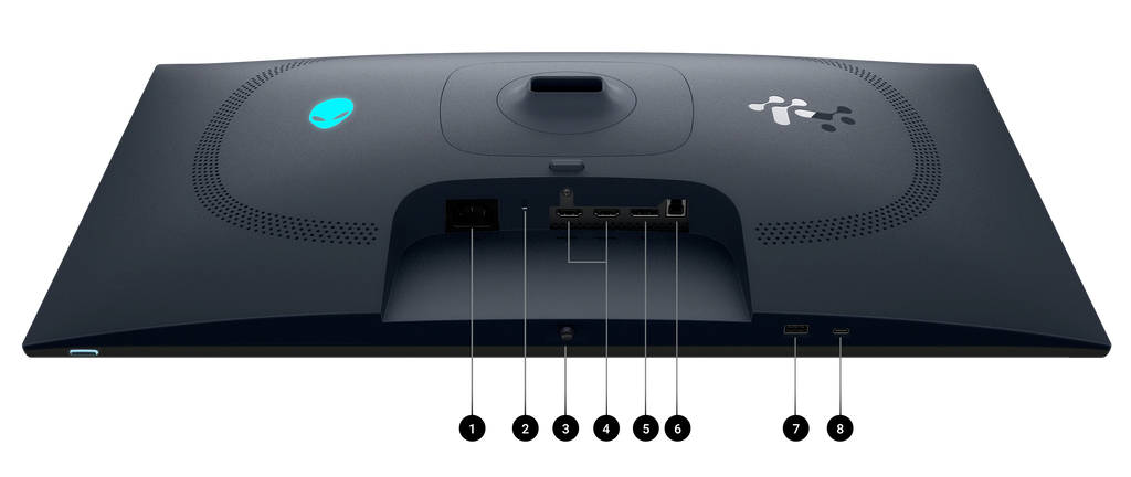 Alienware monitor image, showing the ports and slots