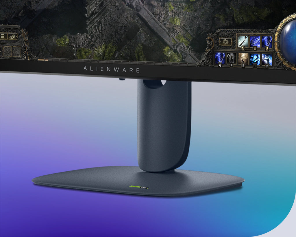 A close up of the bottom of the Alienware 27 Gaming Monitor