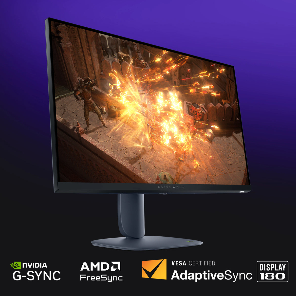 The Alienware 27 gaming monitor with Path of Exile gameplay on the screen. The NVIDIA G-Sync, AMD FreeSync, and VESA AdaptiveSync logos appear below it.