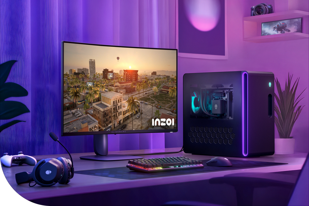 Image shows the Alienware 32 Gaming Monitor, a desktop, headset and controller at a desk setup with purple and blue lighting