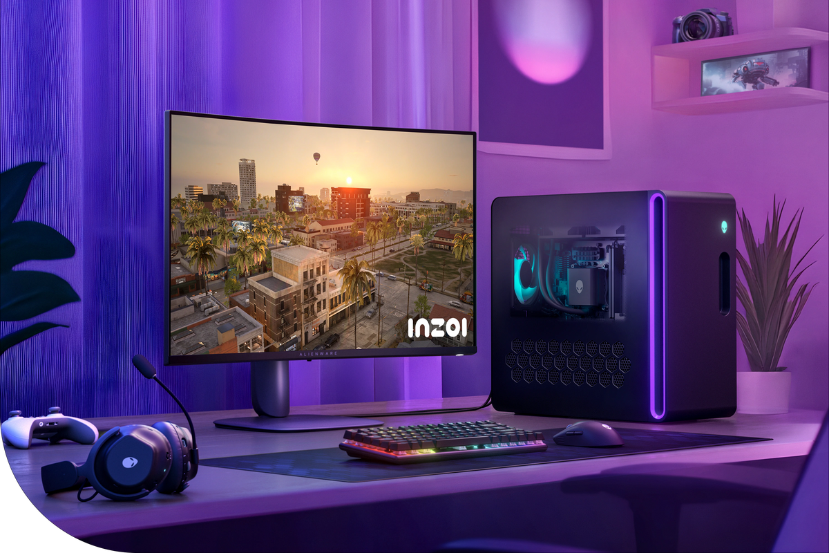 Image shows the Alienware 32 Gaming Monitor, a desktop, headset and controller at a desk setup with purple and blue lighting