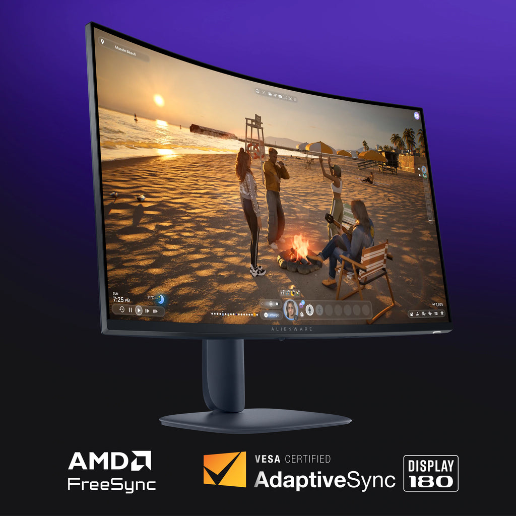 The Alienware 32 gaming monitor with Inzoi gameplay on the screen. The AMD FreeSync and VESA Certified AdaptiveSync logos appear below it.