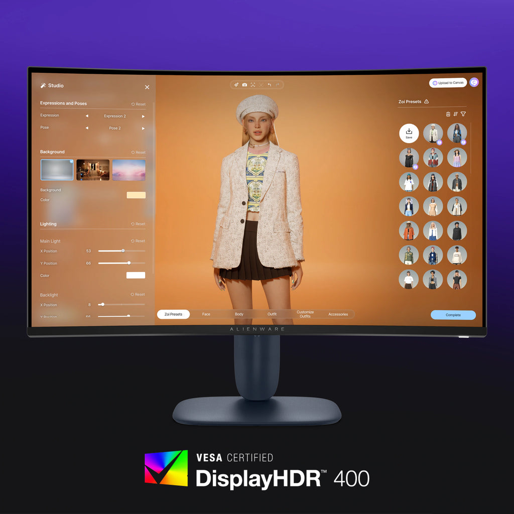 The Alienware 32 gaming monitor with Inzoi gameplay on the screen. The The VESA DisplayHDR400 logo appears below it.