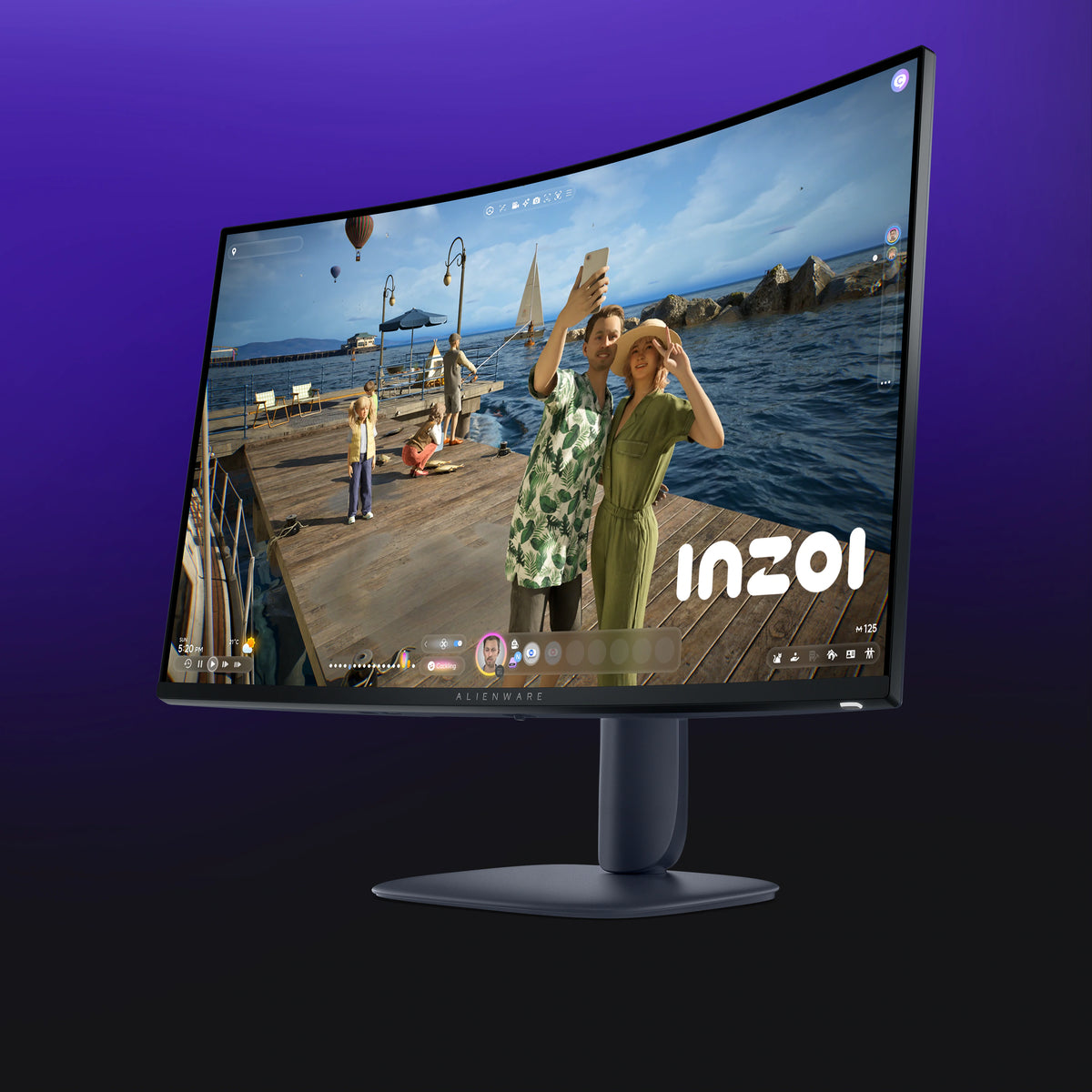 Alienware 32 Gaming Monitor with game play on the screen, featuring the Inzoi logo