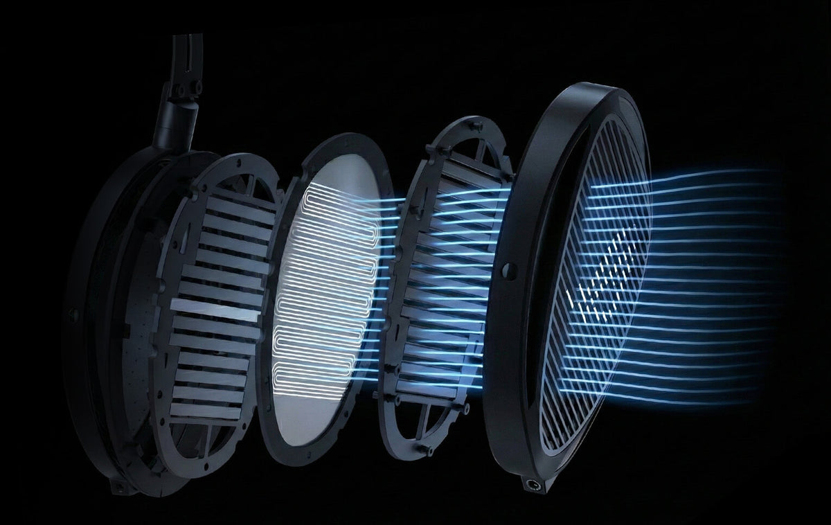Exploded view of ROG Kithara open-back headset earcup showing internal acoustic structure and airflow