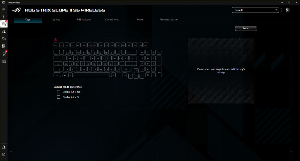 Graphic user interface of Armoury Crate for ROG Strix Scope II 96 Wireless