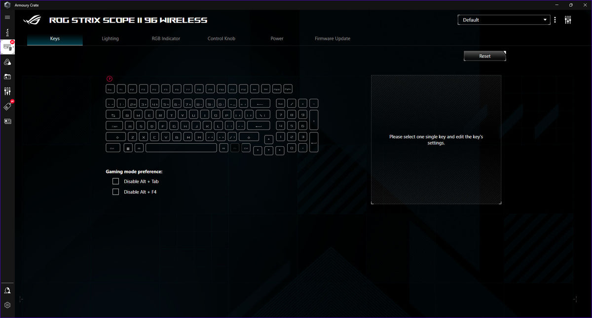 Graphic user interface of Armoury Crate for ROG Strix Scope II 96 Wireless