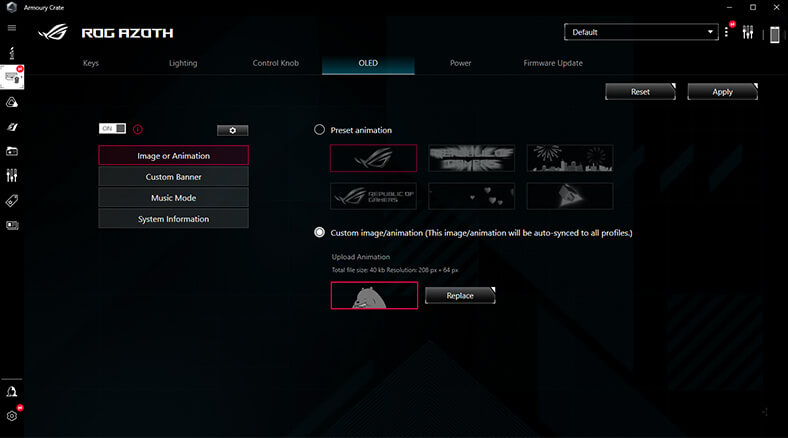 Graphic user interface of Armoury Crate for ROG Azoth