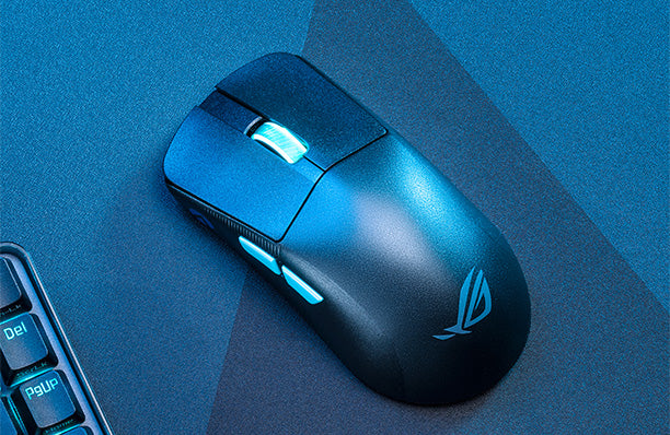 the ROG Harpe Ace Aim Lab Edition with its scroll wheel shining in rainbow RGB lighting