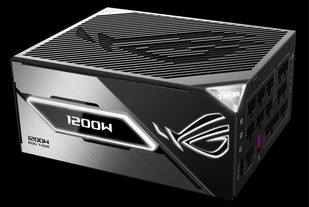 Angled side view of ROG Thor 1200W Platinum III, showing the RGB lighting